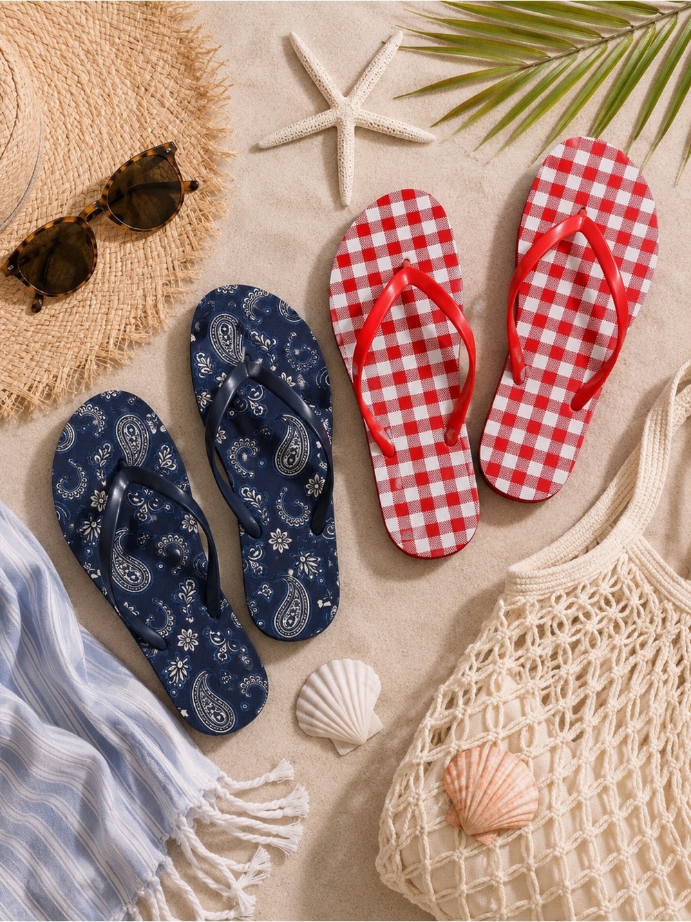 **TWO PAIRS**Shade & Shore Flip Flops Red & White Gingham Blue Bandana Sz. 7 NWT